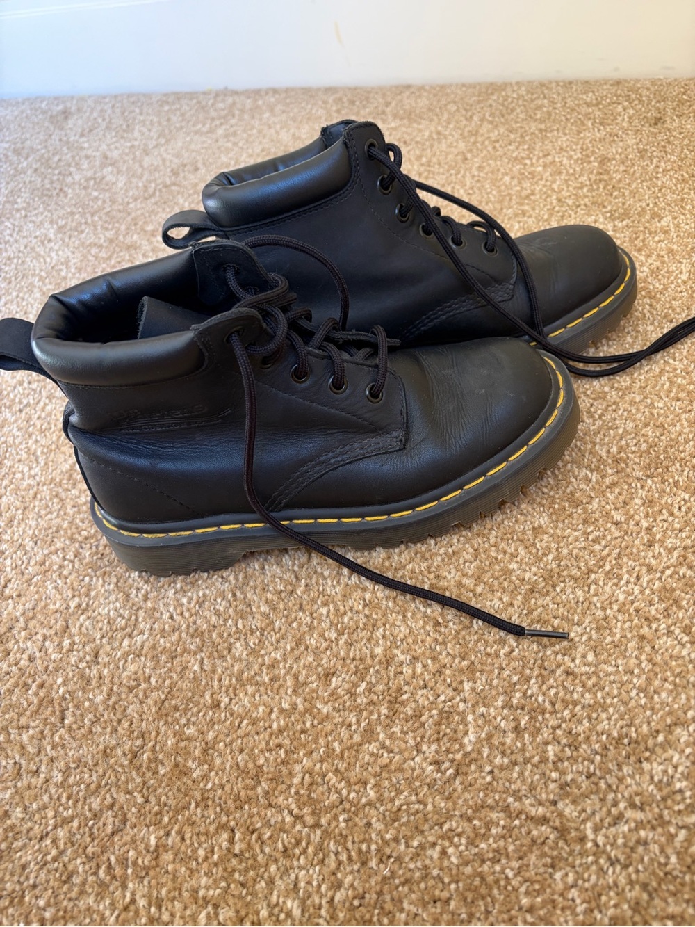 Dr. Martens Ben 939  Black Leather Lace-Up Boots with Yellow Stitching